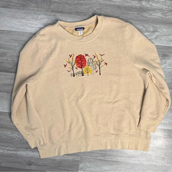 Fall Scene Crewneck Sweatshirt Trees Leaves Birds Beige Grandmacore Size XXL - Picture 2 of 5